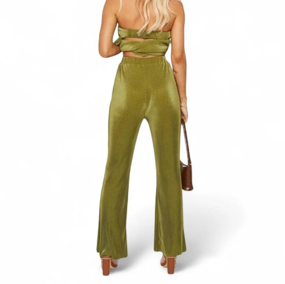 Green Pleated Matching Tube Top And Wide Leg Pants 2PC Set